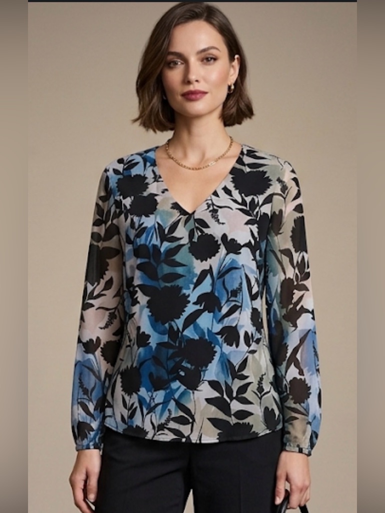 Calvin Klein Blue And Black Floral V-Neck Blouse